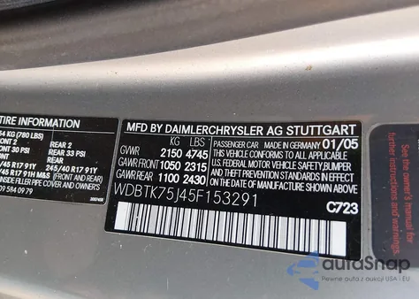 2005 Mercedes-Benz Clk 500 z USA, uszkodzony, nr VIN WDBTK75J45F153291